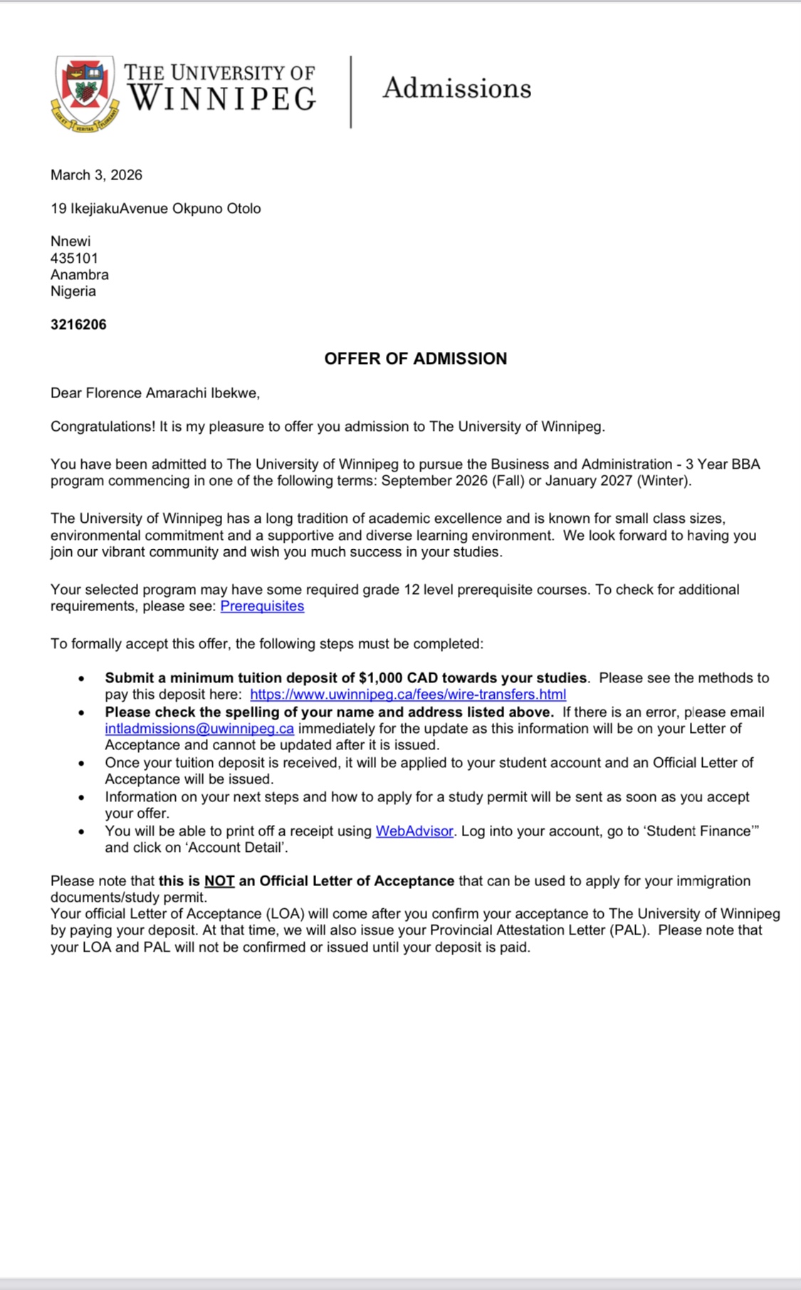 Admission letter