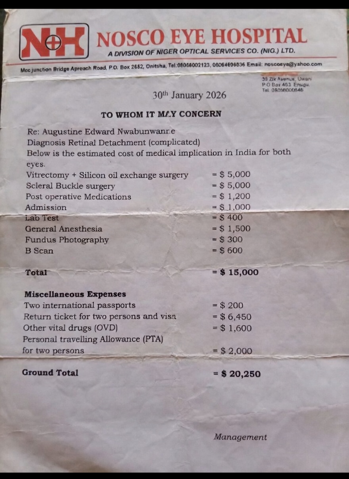 Current Nosco Eye Hospital report dated 30th January, 2026