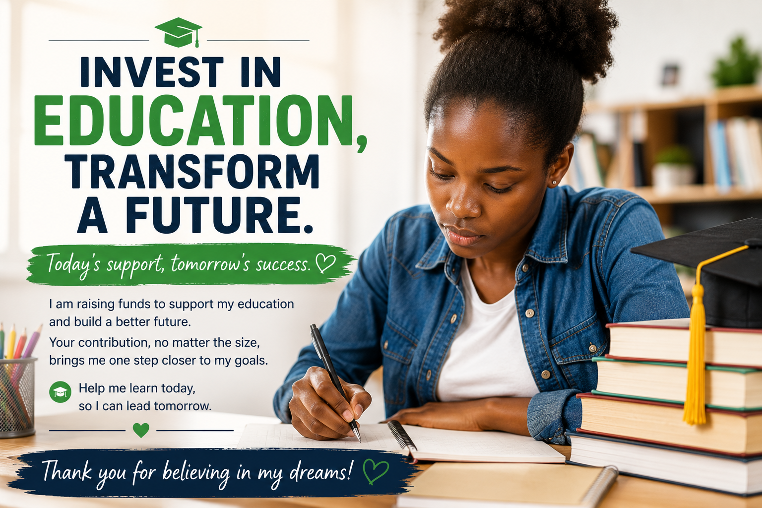 file_00000000180871f4b00083612de30d74 Education crowdfunding banner showing a student studying with books and a graduation cap, symbolizing the goal of completing their education.